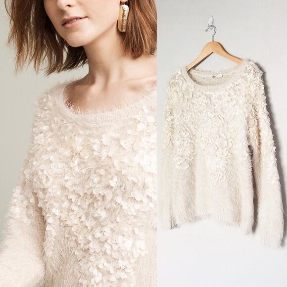 Anthropologie Moth Audrette Eyelash Sweater Pullover 3D Floral Applique Cream L - Picture 5 of 16
